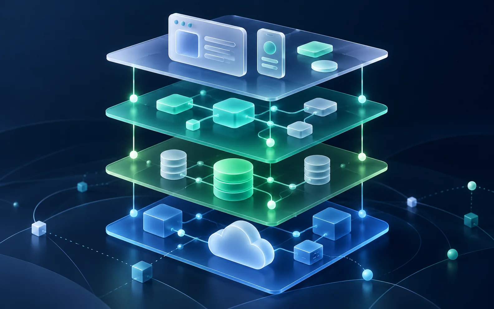 Layered illustration of a web application's interface, logic, data and cloud infrastructure