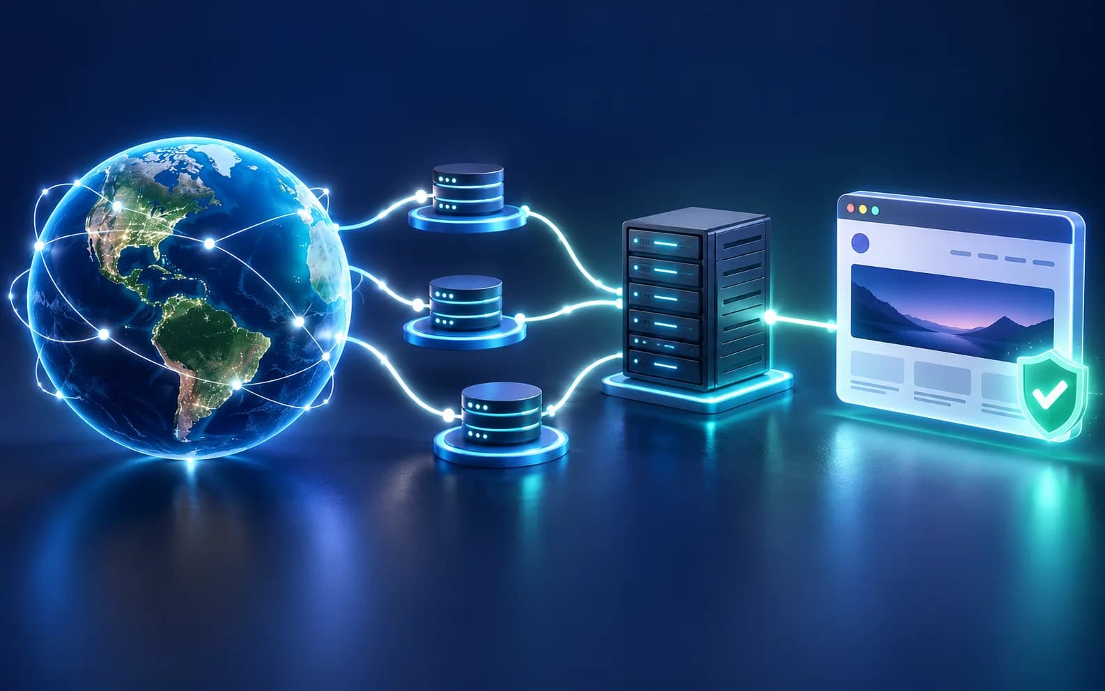 Globe connected through DNS nodes to a hosting server and secure website