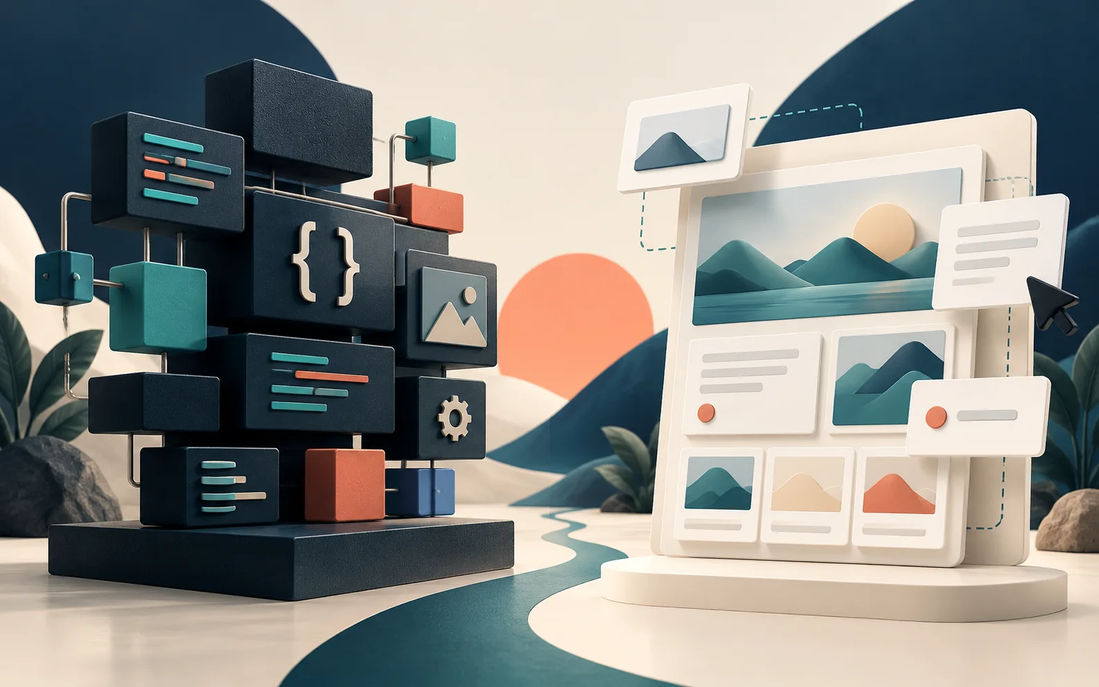 Abstract comparison of a custom website structure and an editor-friendly publishing system