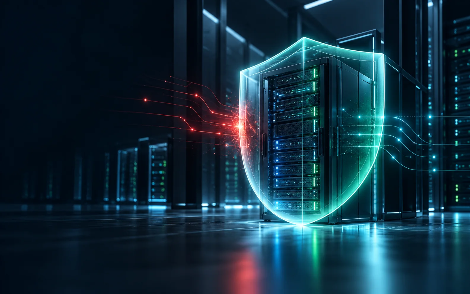 A web server protected by a glowing shield as a red cyberattack is blocked
