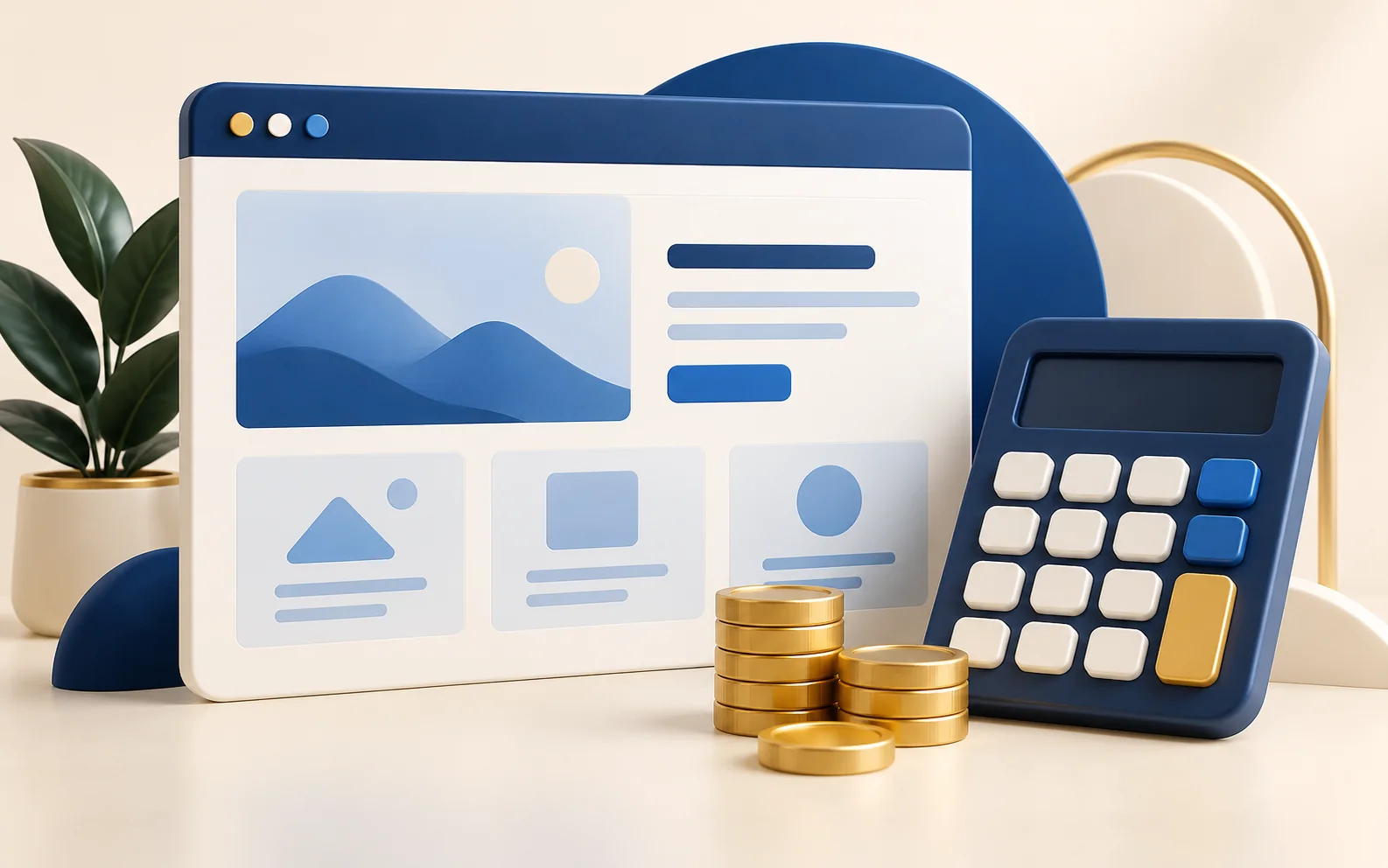 Website wireframe with a calculator and coins for budgeting a website