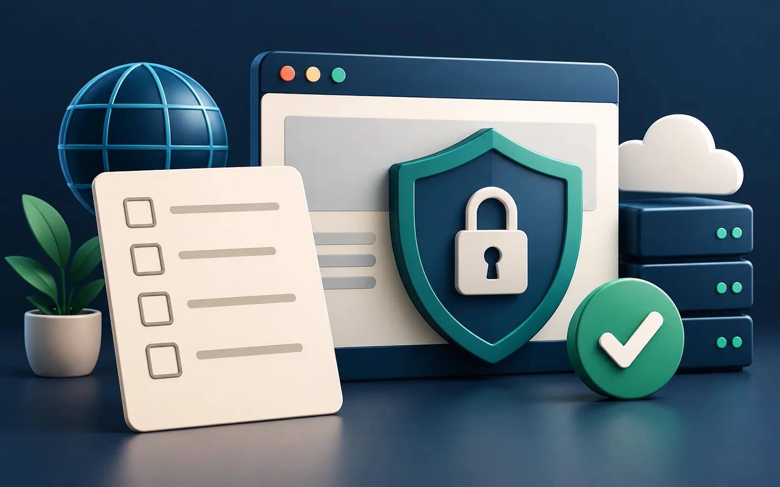 Website security checklist beside a protected browser and server