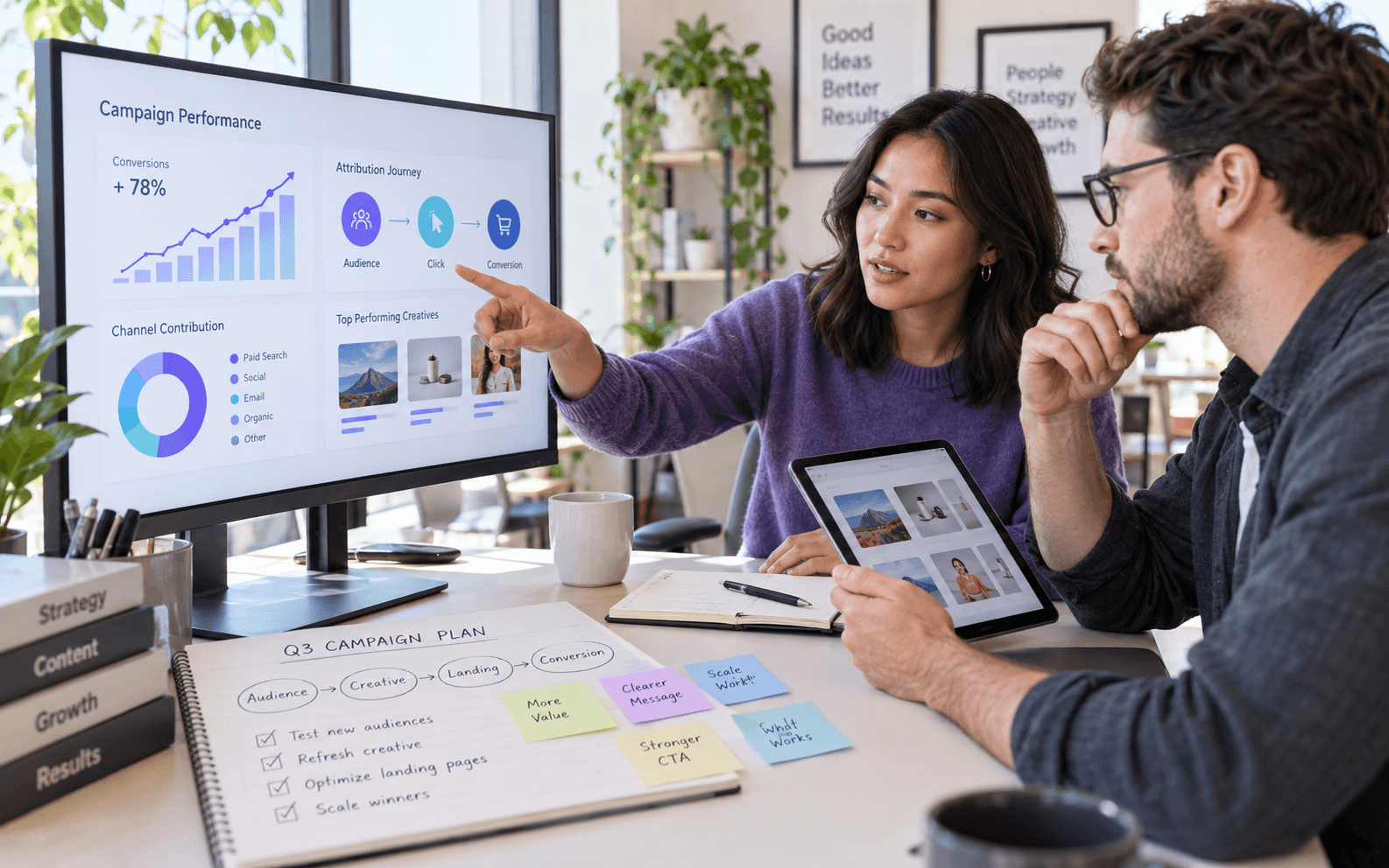 Digital marketing strategists reviewing campaign attribution, creative and conversion performance