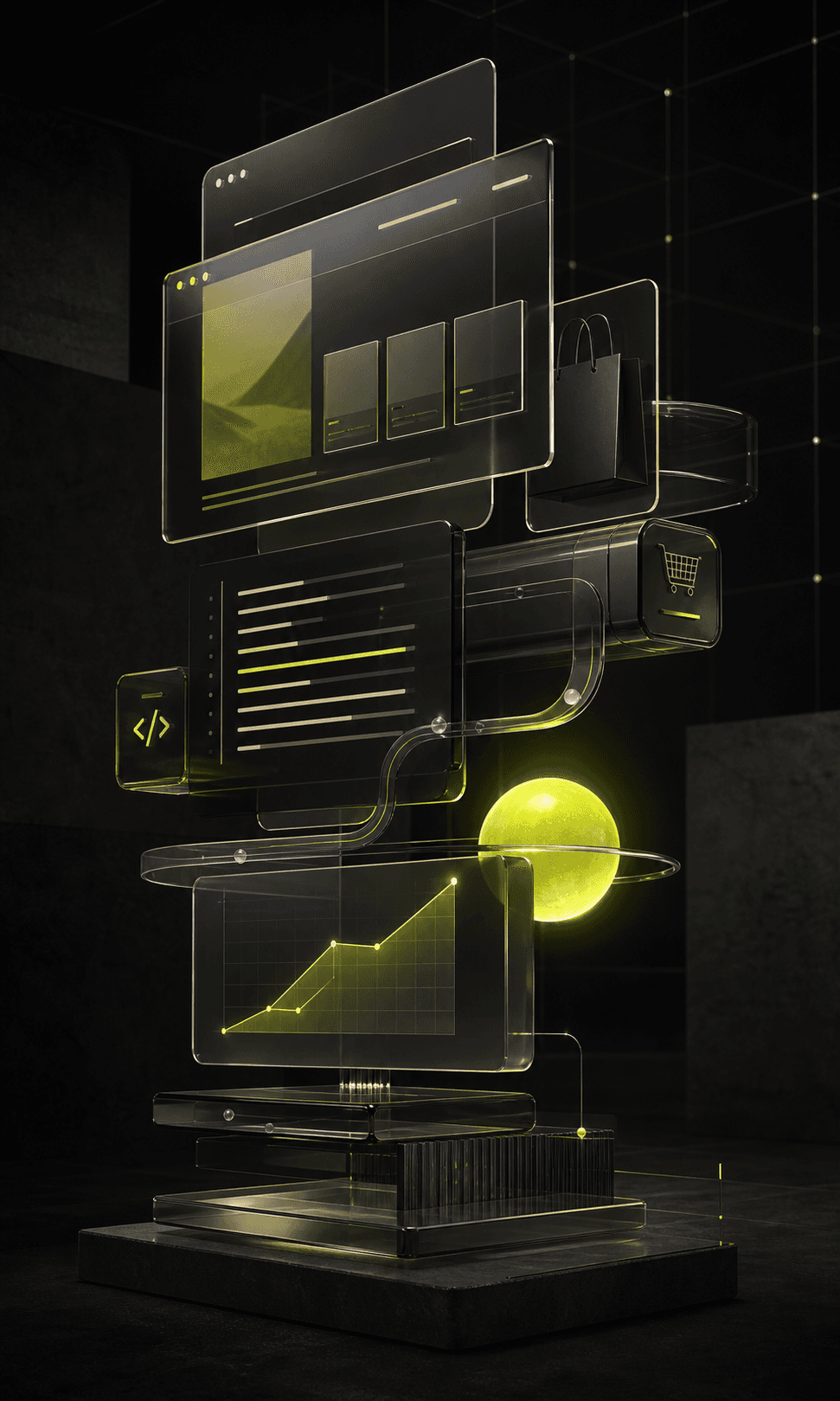 Sculptural digital system representing web design, software, ecommerce and growth
