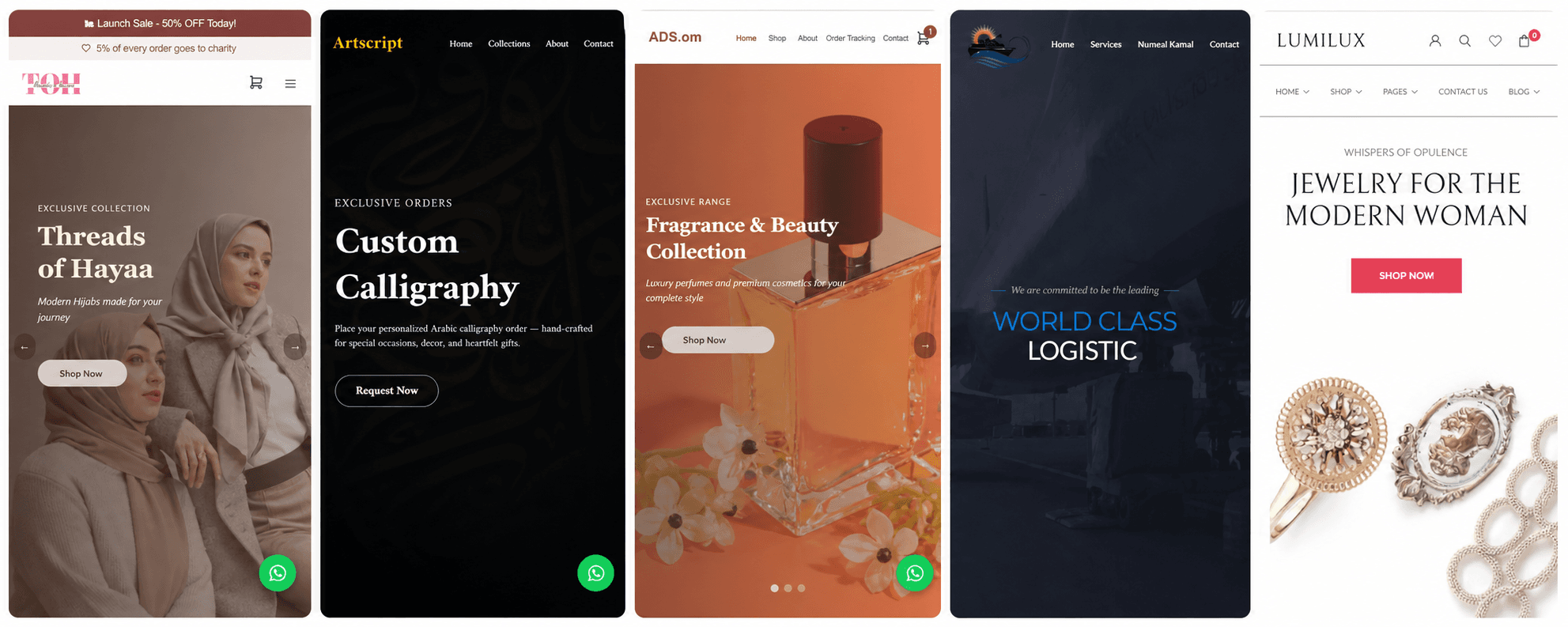 Website projects created for fashion, art and service businesses