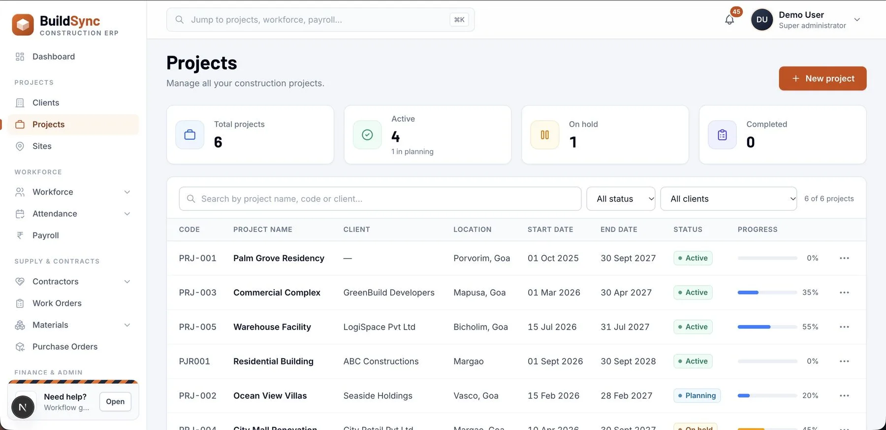 BuildSync construction ERP projects screen