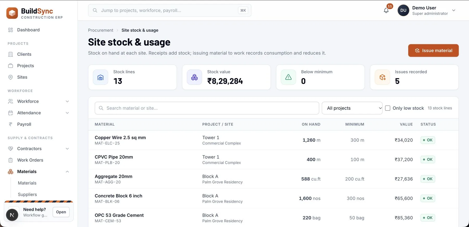 BuildSync construction ERP site stock screen
