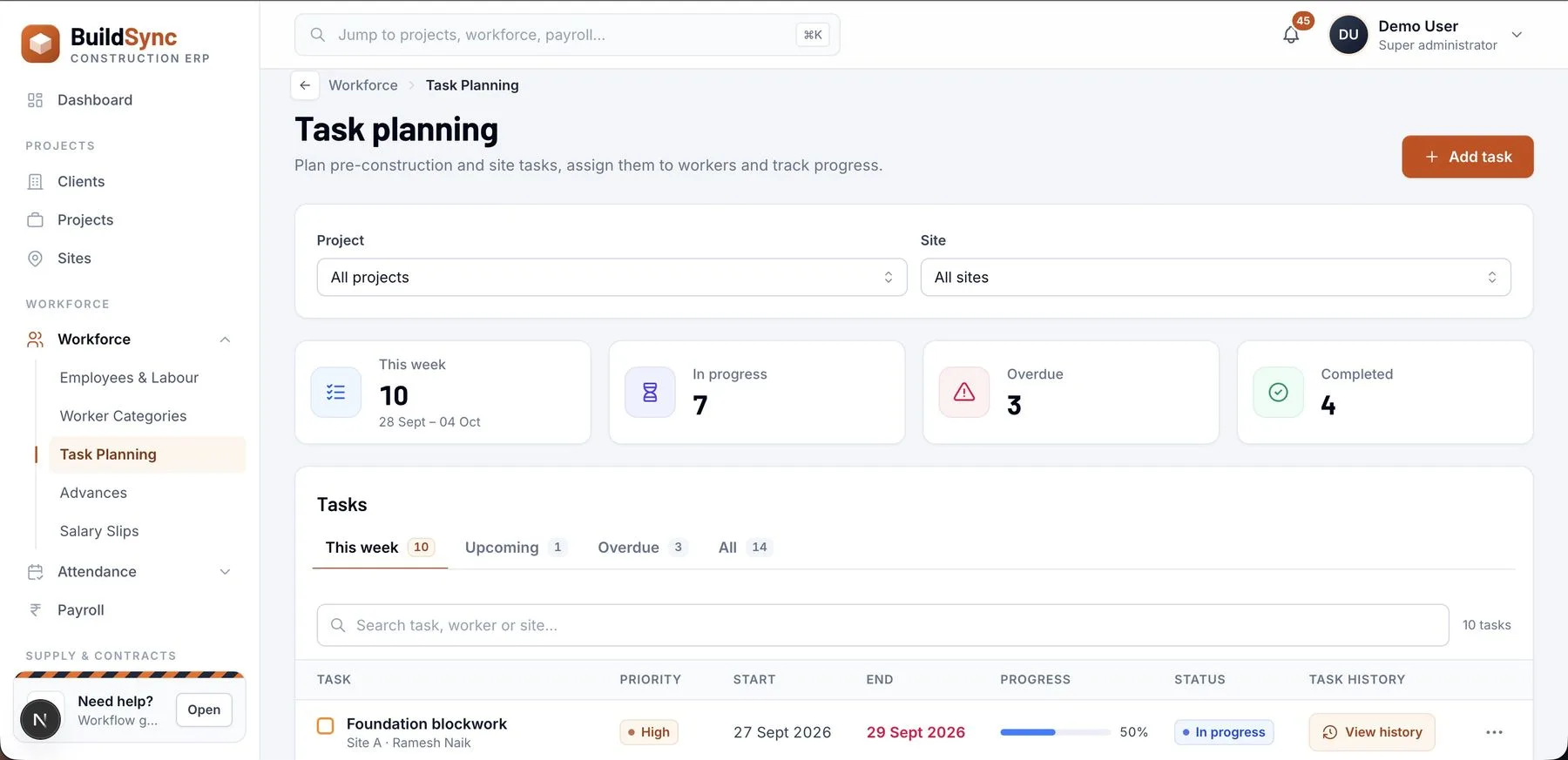 BuildSync construction ERP task planning screen