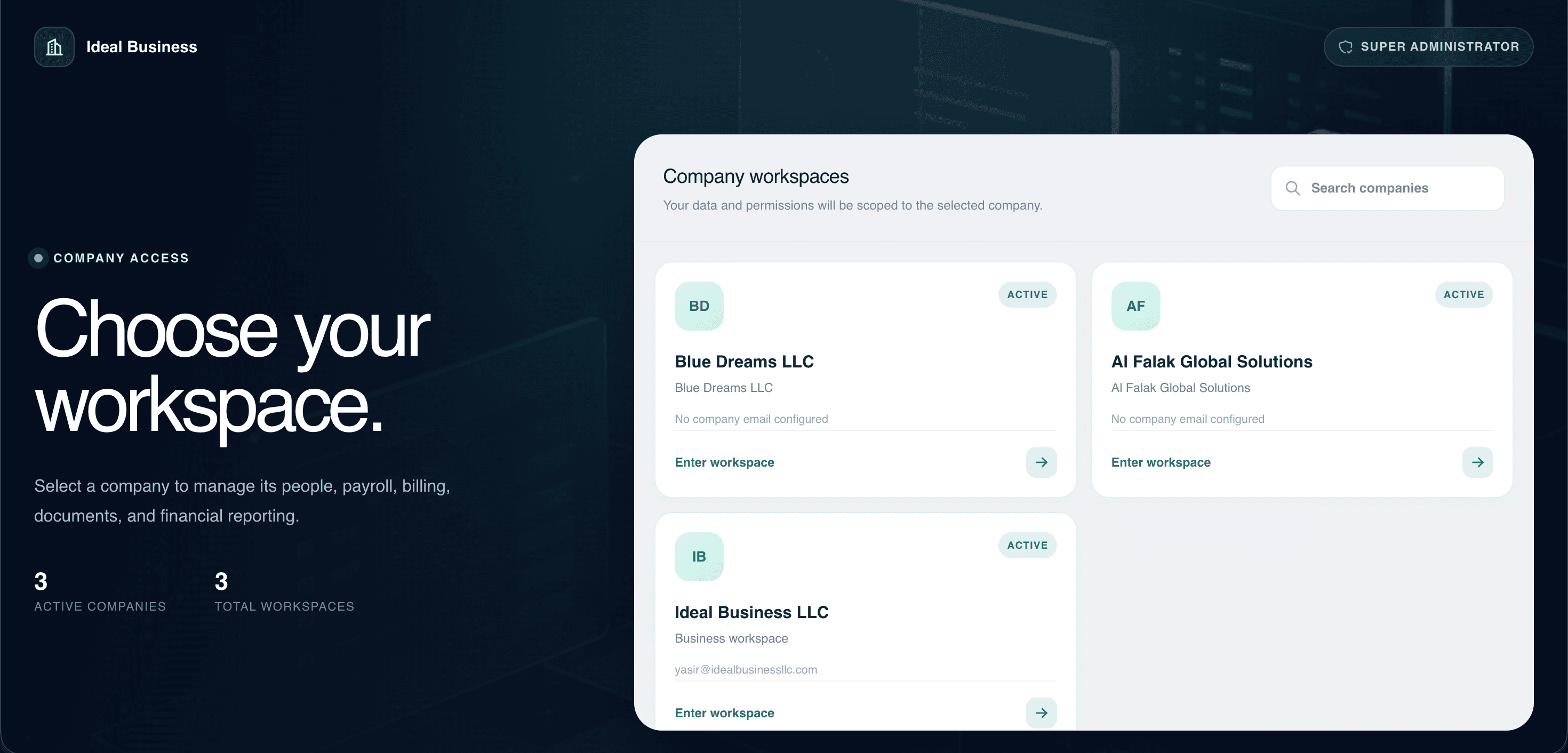 Ideal Business Hub company workspace selection screen