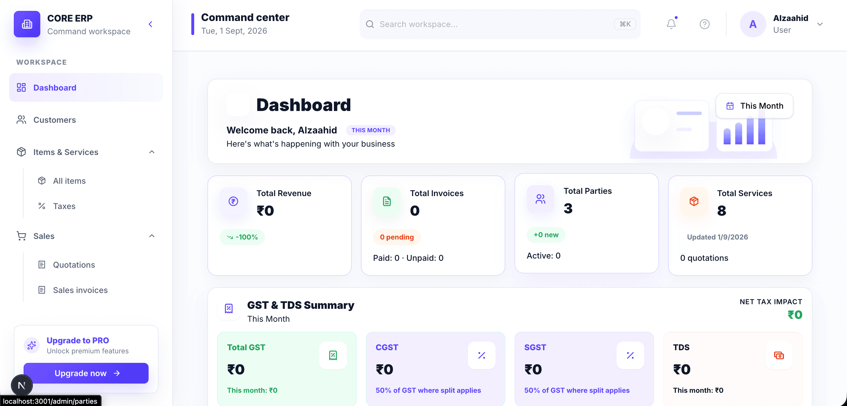 LedgerFlow ERP dashboard with revenue, invoices, customers and GST summaries