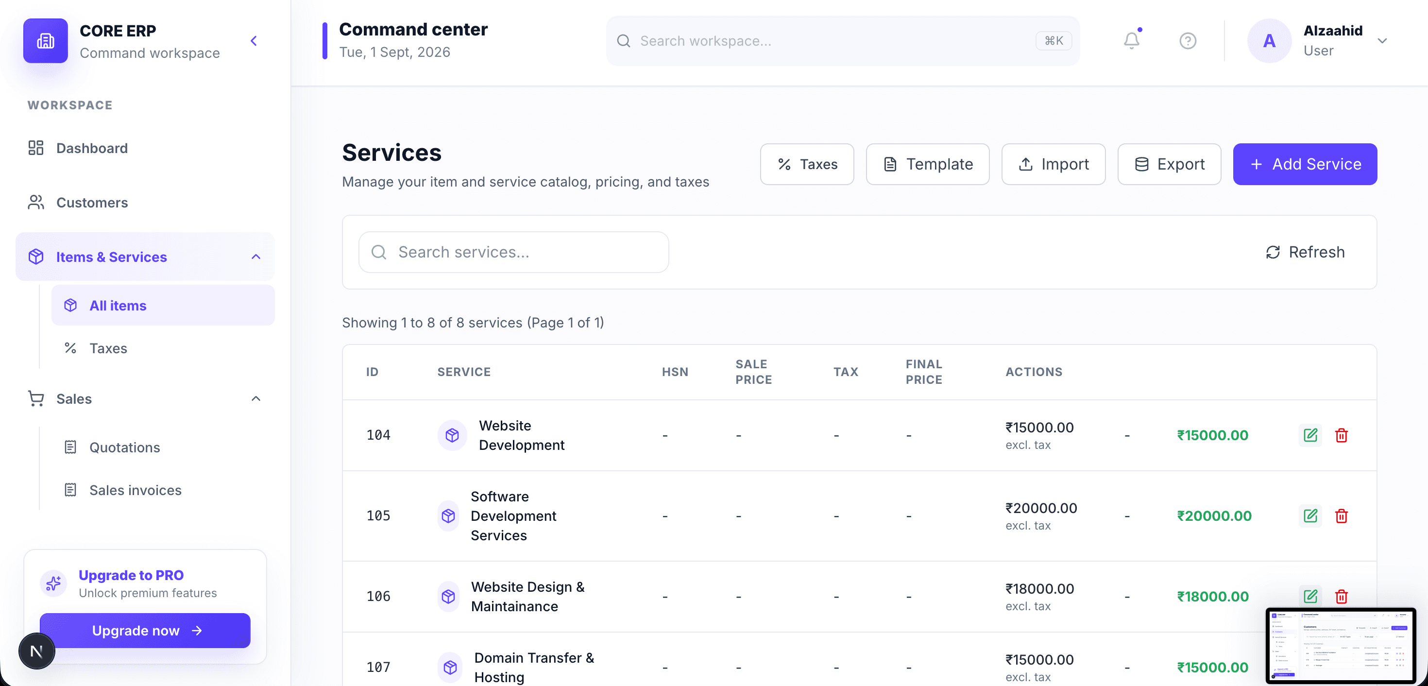 Items & services catalogue