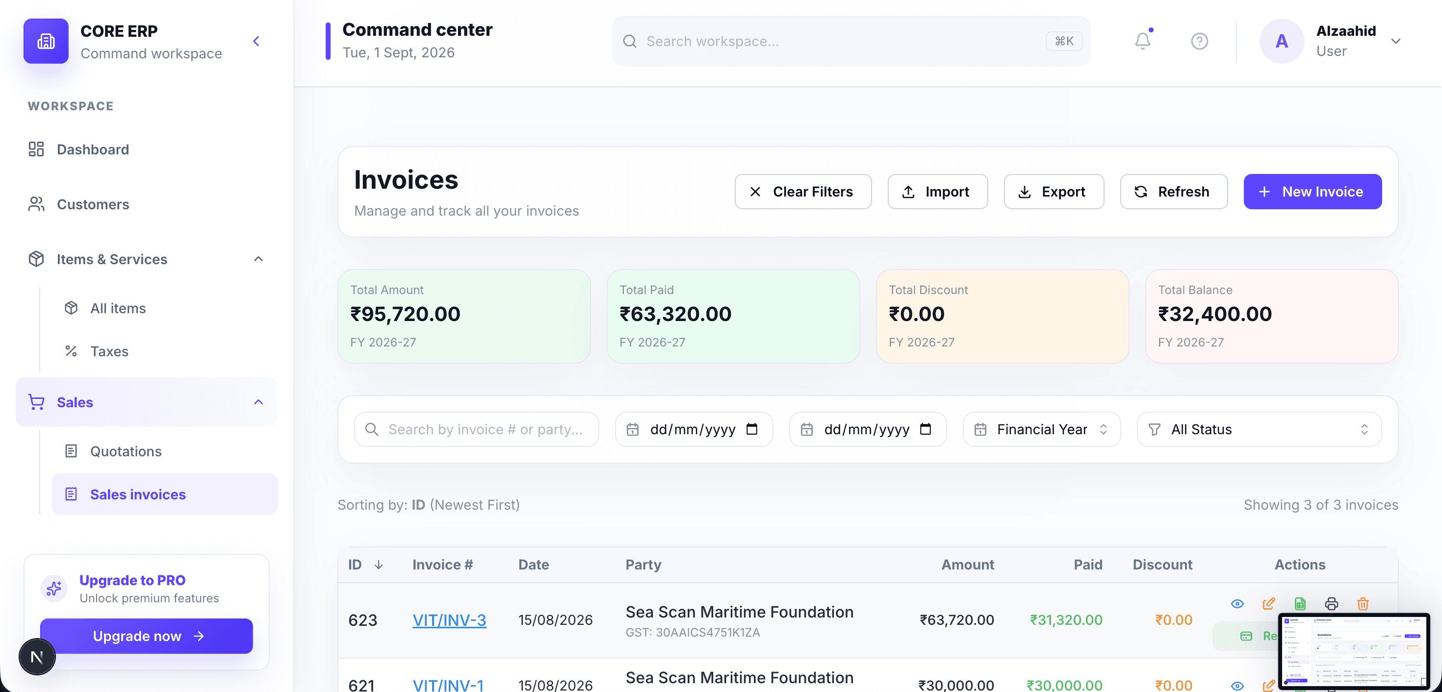 LedgerFlow ERP sales invoice workspace