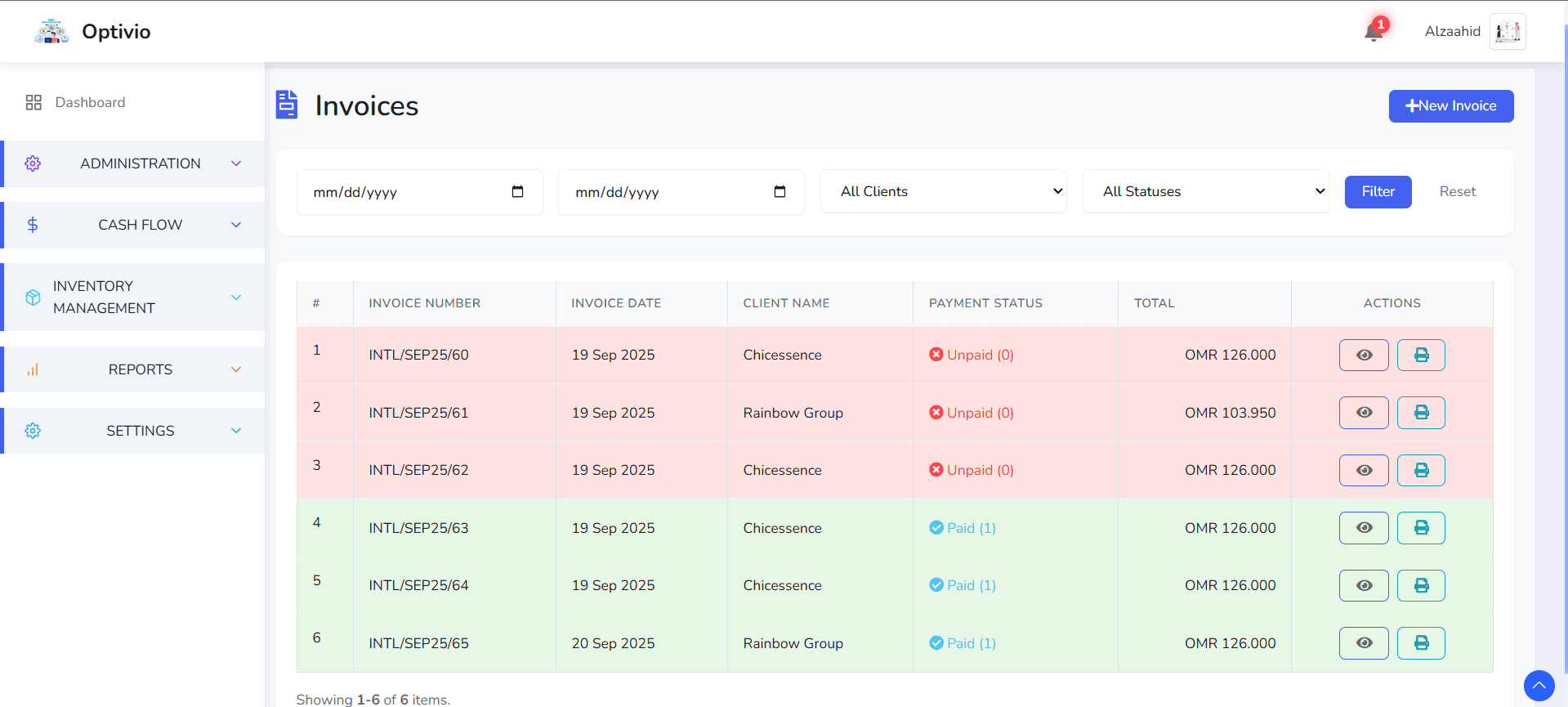 Invoice Management System interface