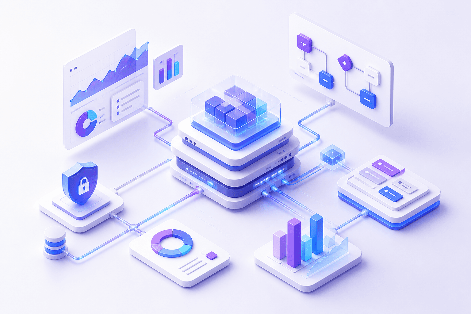 Custom software platform and connected business workflows illustration