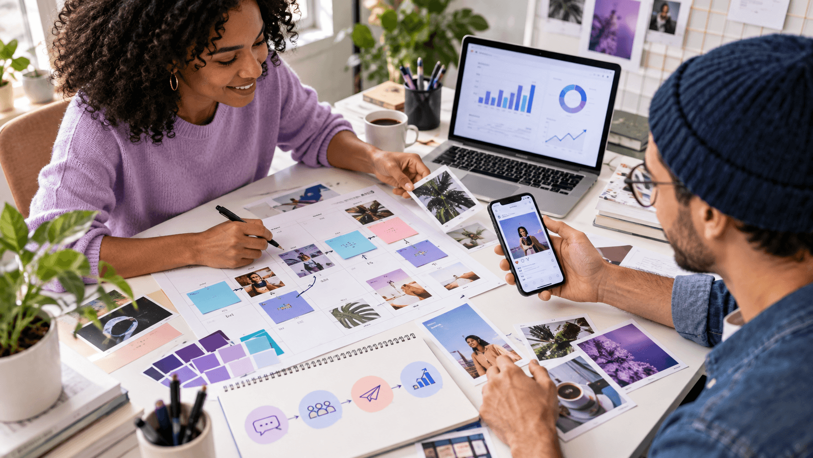 Social media strategists reviewing a content calendar, creative posts and campaign performance