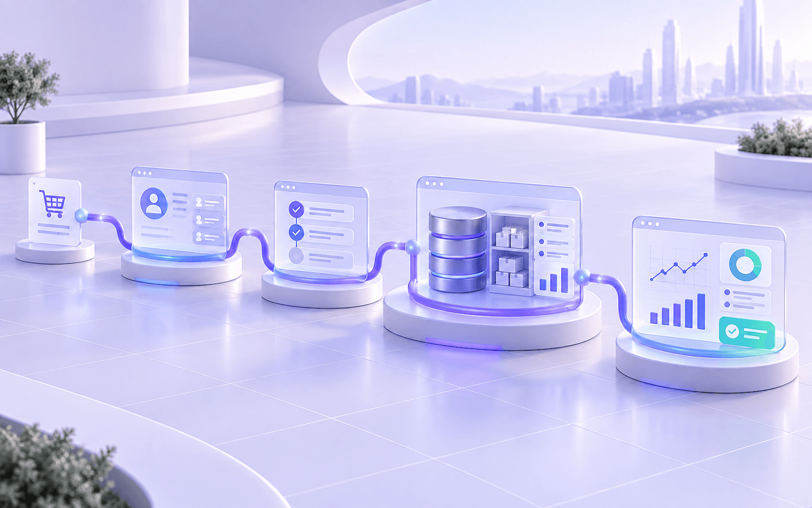 A connected operating flow linking orders, customers, tasks, inventory and business reporting