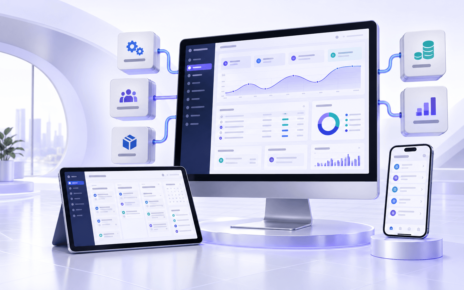 A custom operating platform connecting teams, workflows, business data and reporting across devices