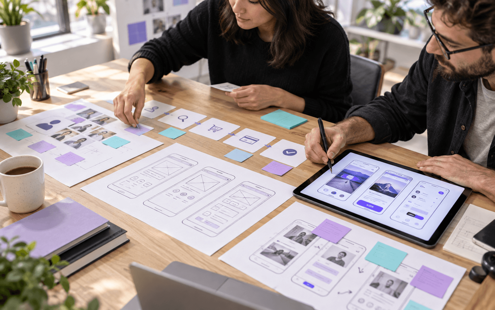 Product designers mapping a user journey, sketching wireframes and refining a mobile interface