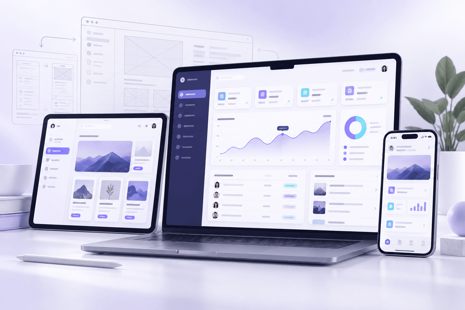 A responsive product experience progressing from wireframes to polished desktop, tablet and mobile interfaces