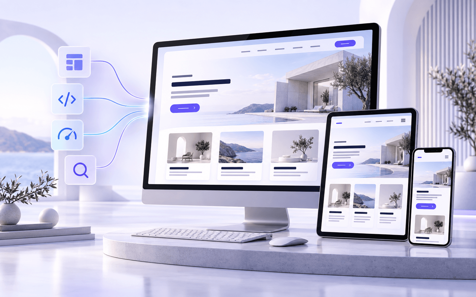 A responsive website being crafted across desktop, tablet and mobile screens