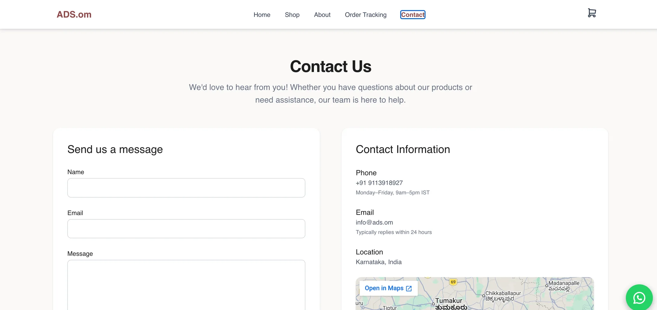Ads.om contact: A message form beside phone, email, hours and a map, with WhatsApp always a tap away.