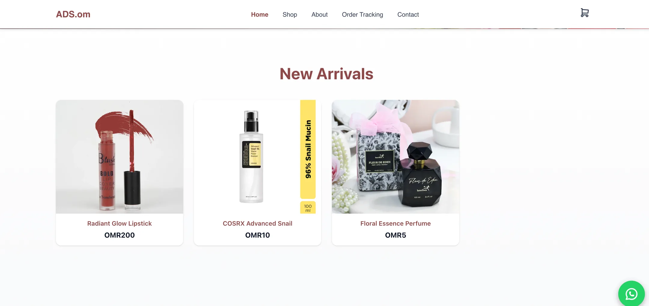Ads.om new arrivals: Fresh lipsticks, skincare and perfumes as clean product cards, priced in Omani rials.