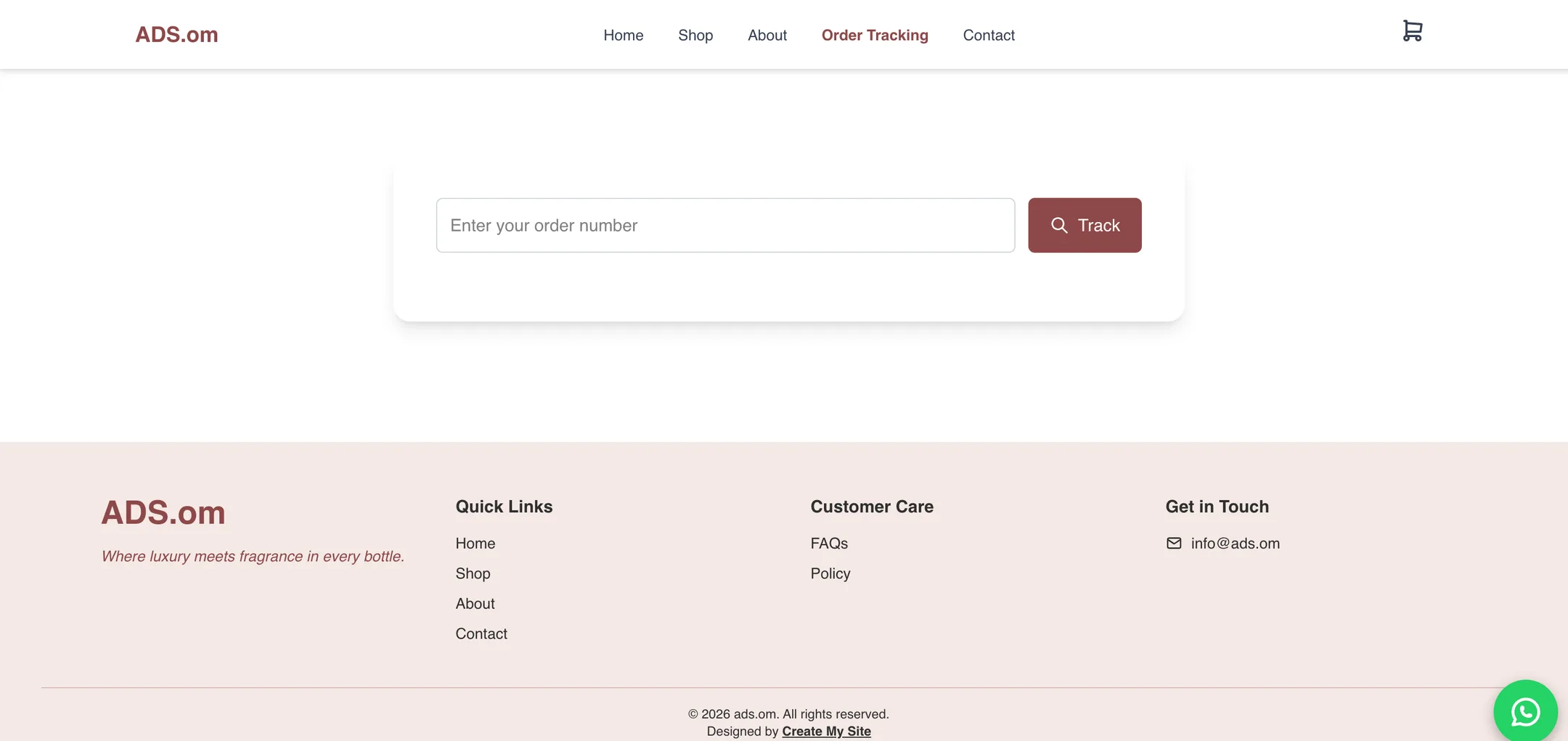 Ads.om order tracking: One field and one button: customers check an order's status with just its number.