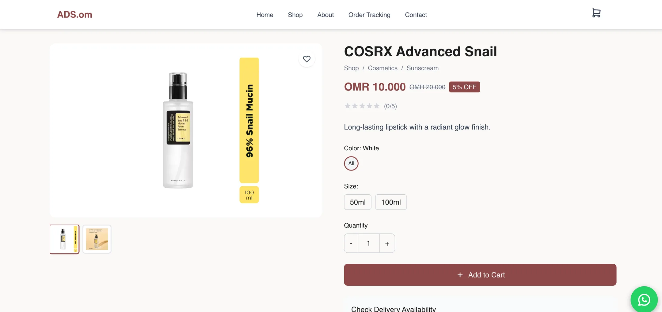 Ads.om product page: Gallery, price with discount, ratings, colour and size options, quantity and a delivery check before adding to cart.