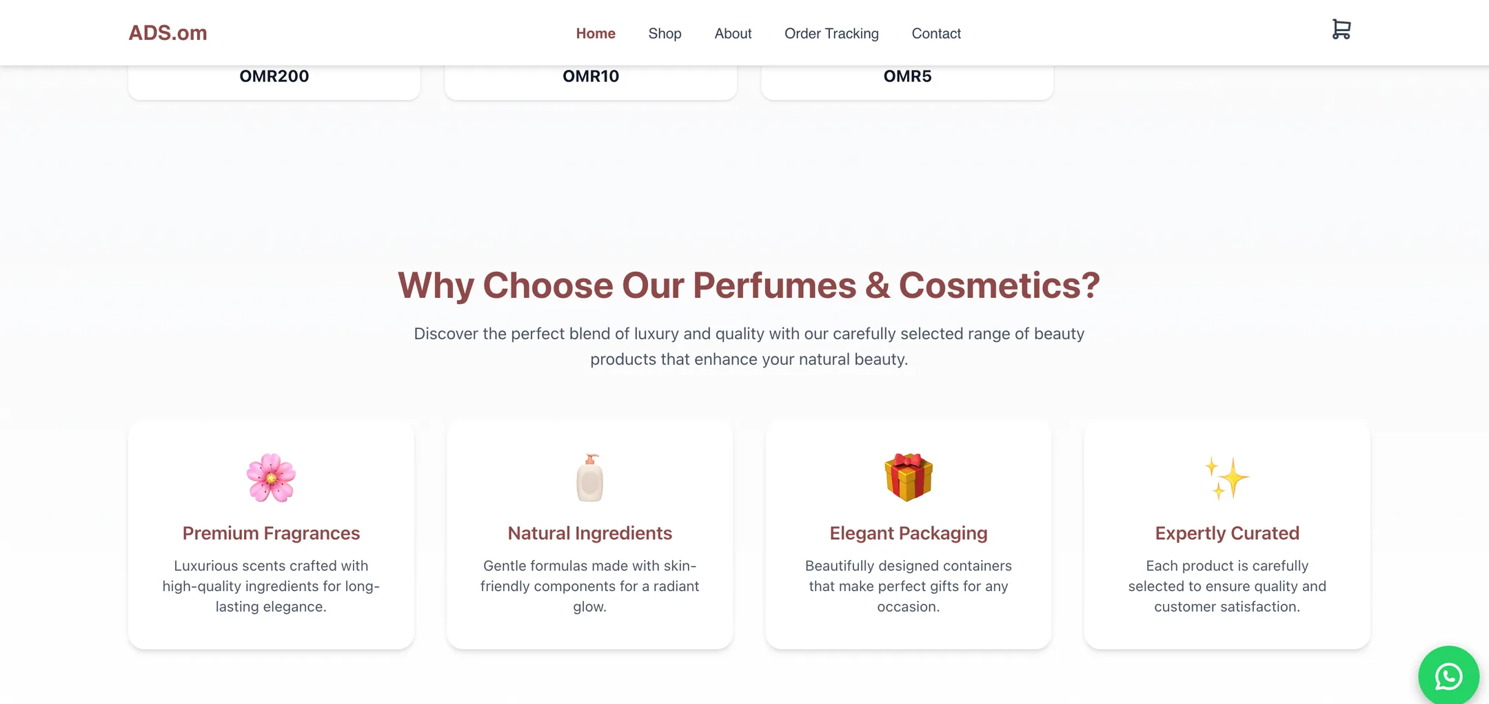Ads.om why choose us: Premium fragrances, gentle formulas, gift-ready packaging and expert curation, told in four quick cards.