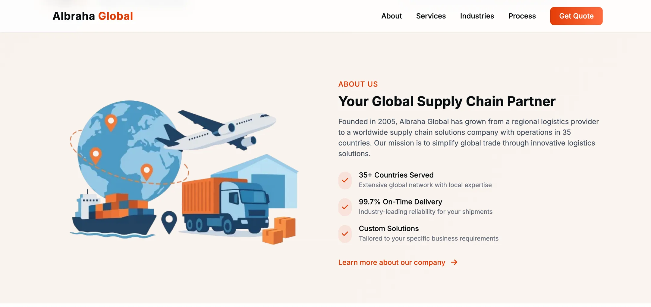 Al-Braha Global about us: The company's story with three proof points: countries served, on-time delivery and custom solutions.