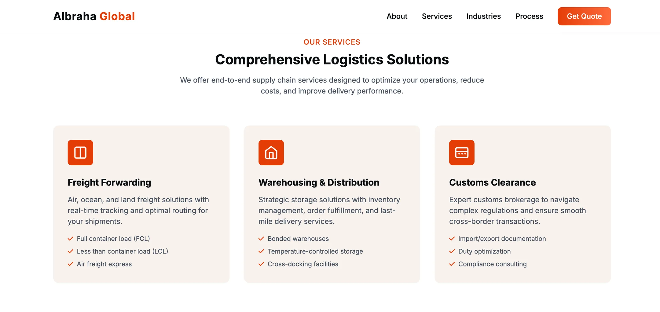 Al-Braha Global services: Freight forwarding, warehousing & distribution and customs clearance, each with what it covers — FCL, LCL, bonded warehouses, duty optimisation.