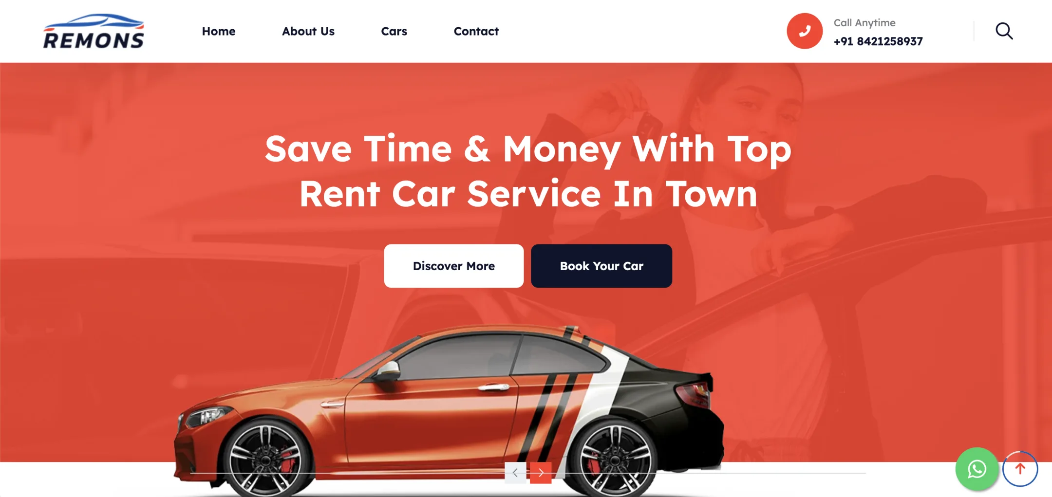 Goa on Wheel book your car: “Save time & money” — a bold red call to action with Discover More and Book Your Car side by side.