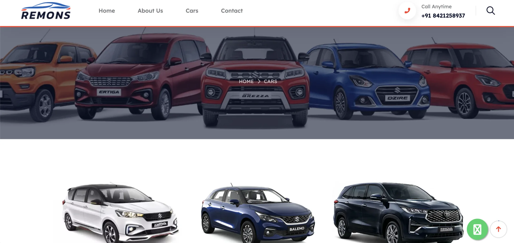 Goa on Wheel cars page: The full rental fleet on its own page, every car a card with its model year.