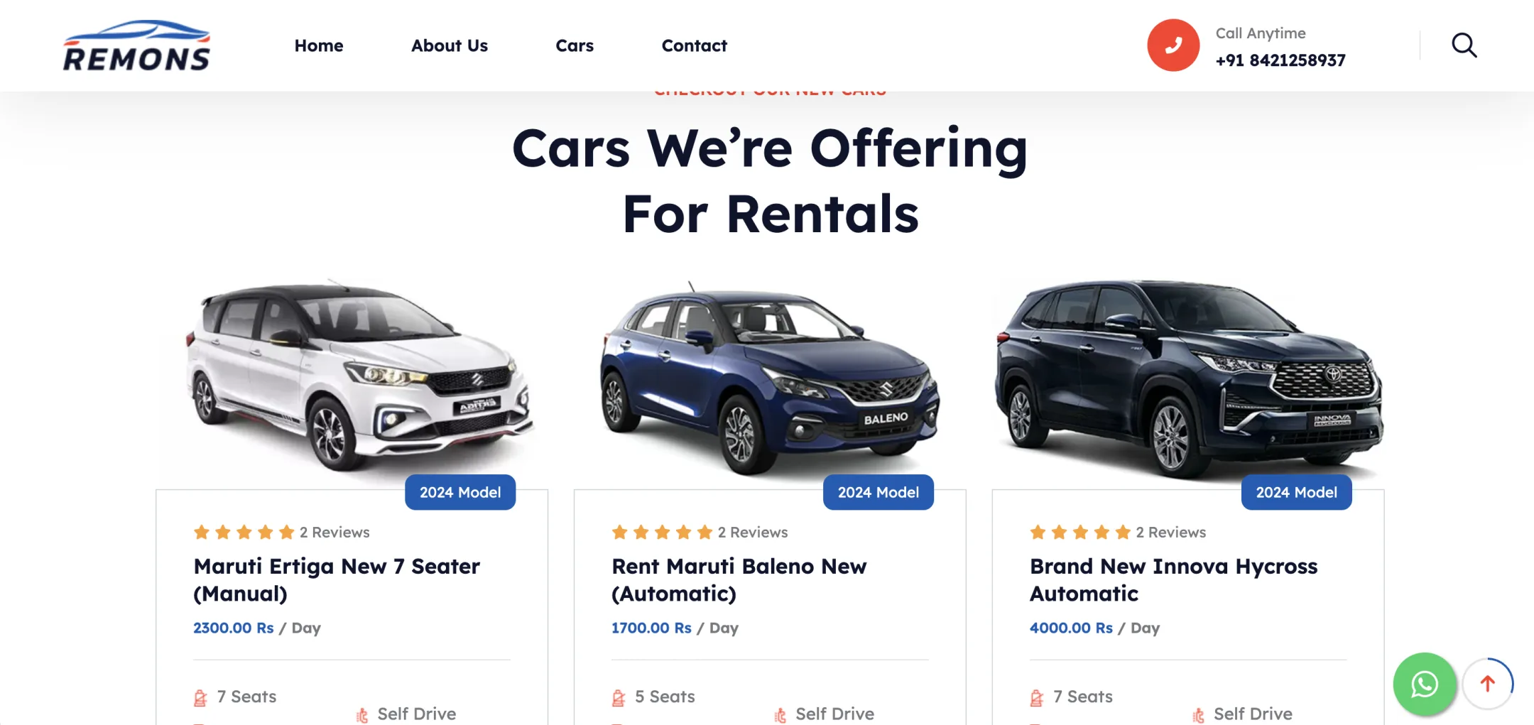Goa on Wheel cars on offer: Ertiga, Baleno and Innova Hycross as fleet cards with seats, doors, self-drive and the price per day in rupees.