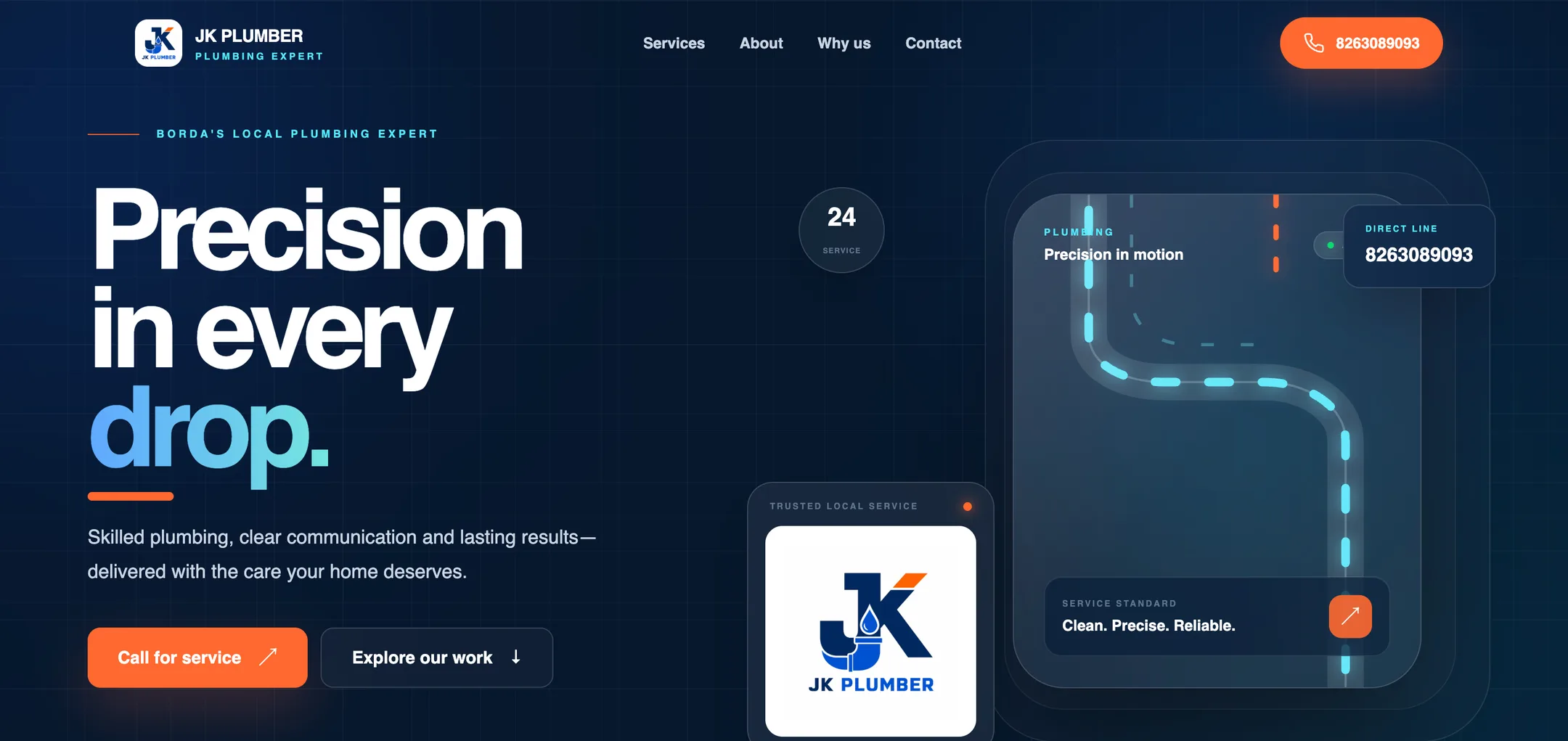 JK Plumber home: “Precision in every drop.” A dark, confident hero with an animated pipeline, the direct line always in view and a call button front and centre.