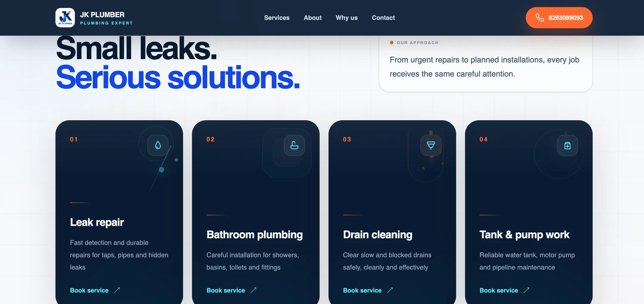 JK Plumber services: Leak repair, bathroom plumbing, drain cleaning and tank & pump work, each a card with its own book-service link.