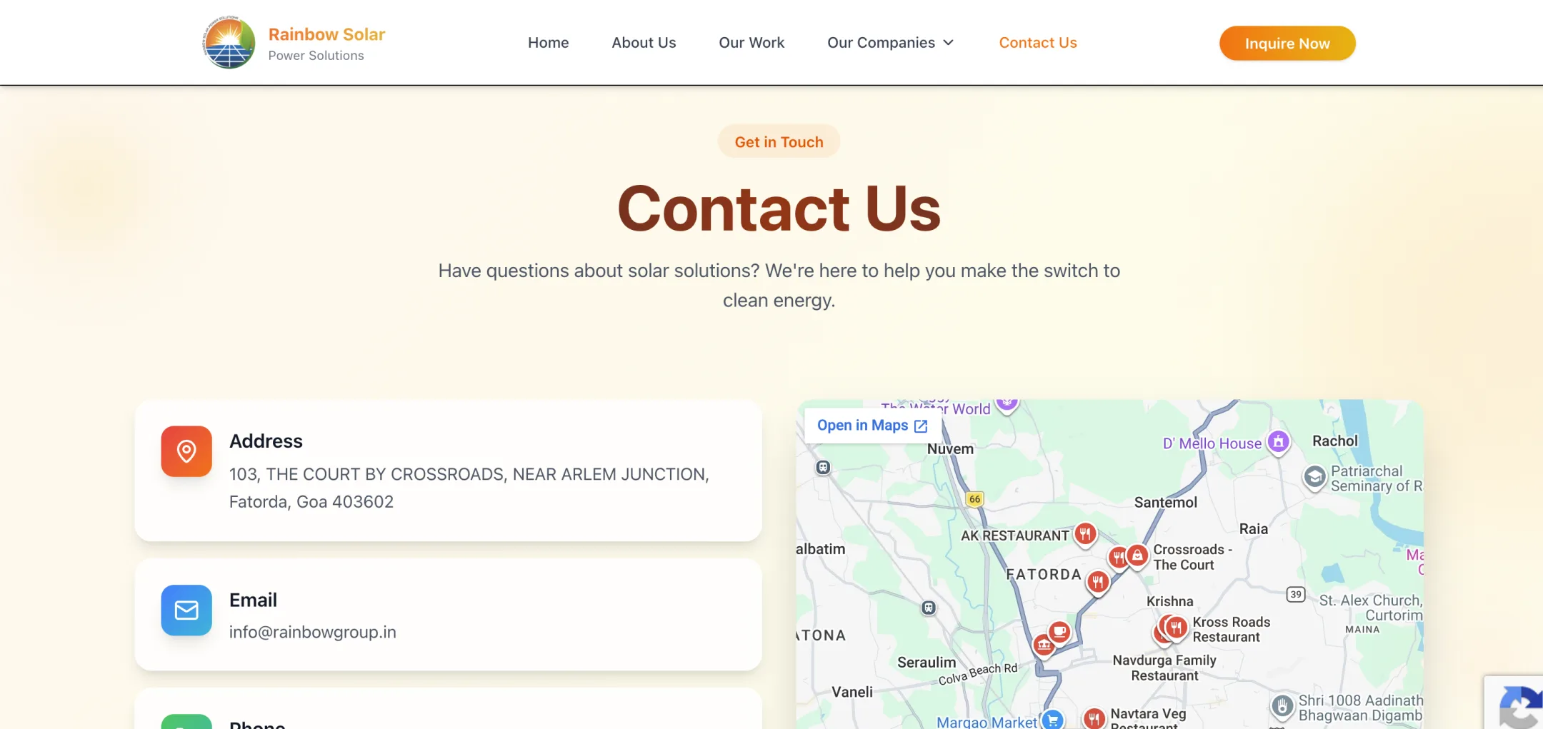 Rainbow Group contact us: Address, email and phone as clear cards beside an embedded map with a one-click Open in Maps link.
