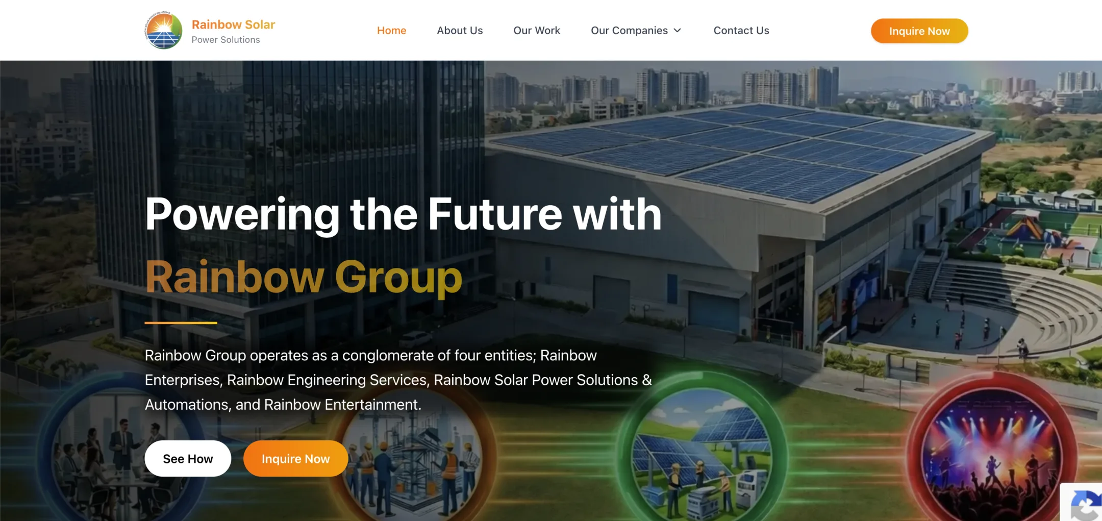 Rainbow Group home: “Powering the future with Rainbow Group” over a solar-roofed campus, with the group's four companies glowing along the bottom.