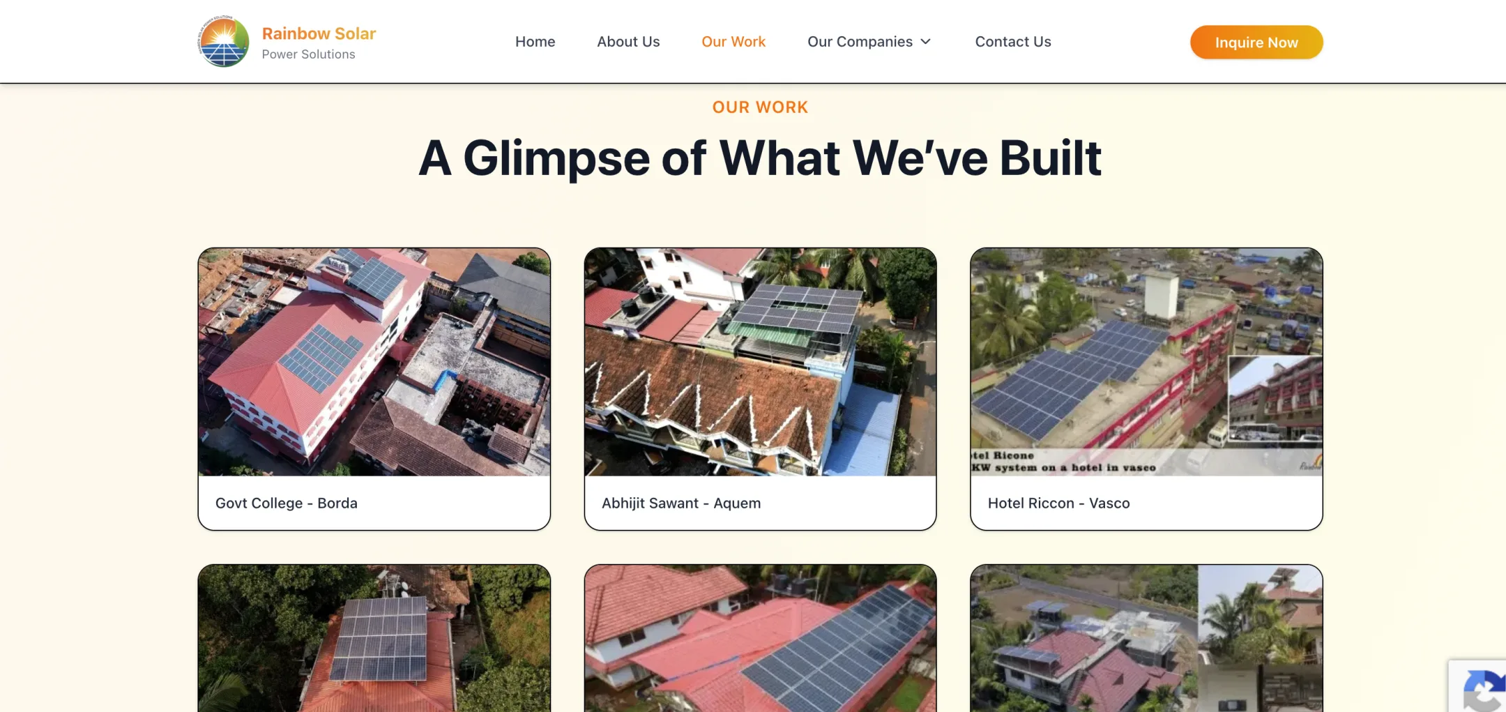 Rainbow Group our work: “A glimpse of what we've built” — drone shots of solar installations on colleges, homes and hotels across Goa.