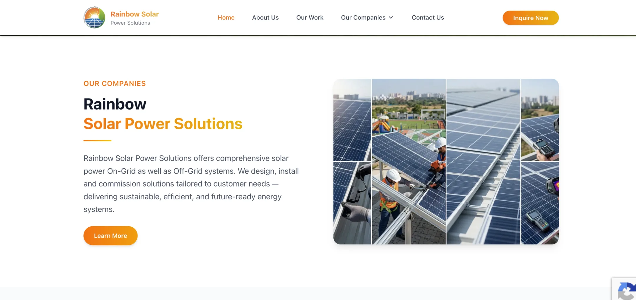 Rainbow Group rainbow solar power solutions: On-grid and off-grid solar systems, designed, installed and commissioned, beside a collage of rooftop installations.