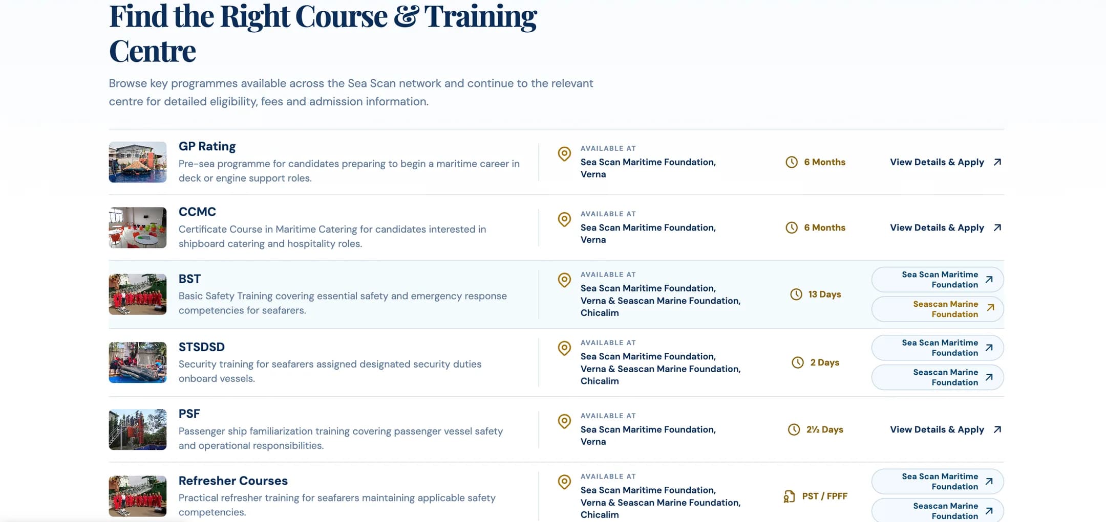 Sea Scan Group course finder: Every programme with its duration and the centres that run it — Verna, Chicalim or both — linking straight to the right centre's details and admission page.