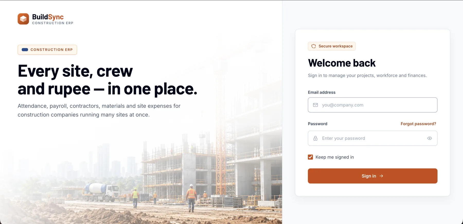 BuildSync sign in: A secure workspace sign-in for the team managing projects, workforce and finances.