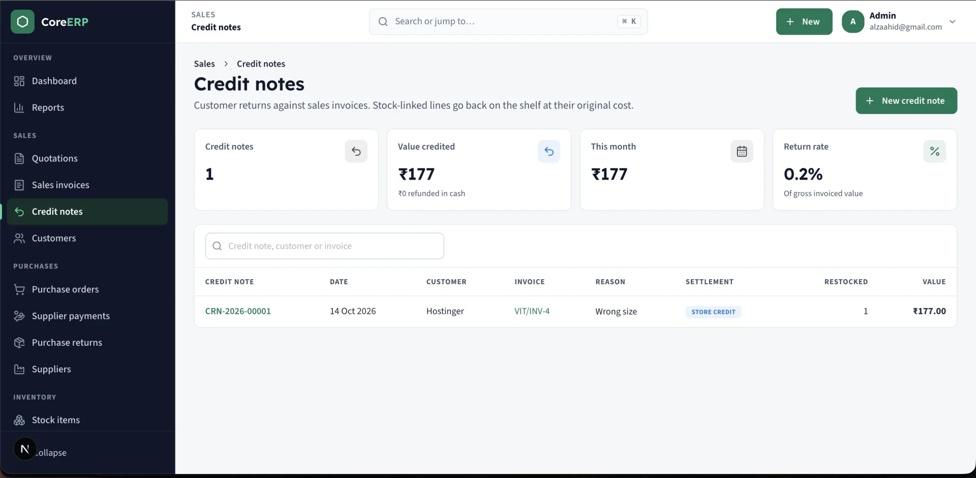 Core ERP returns handled properly