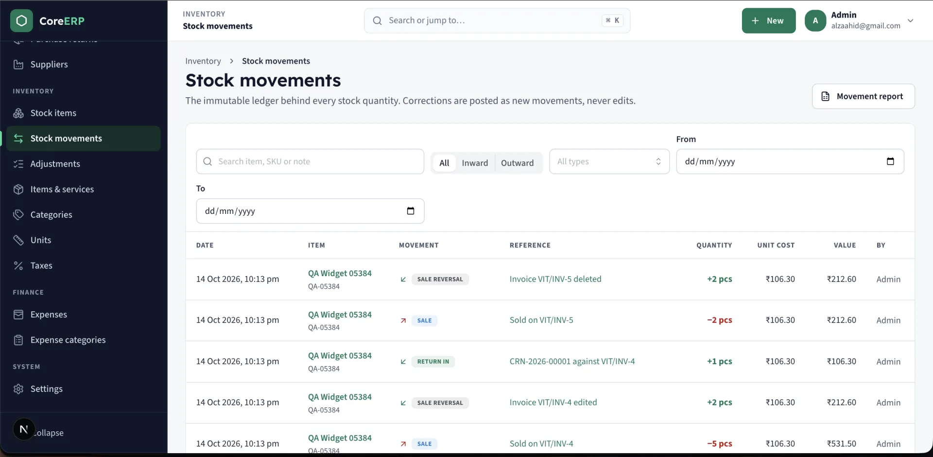 Core ERP stock from one ledger