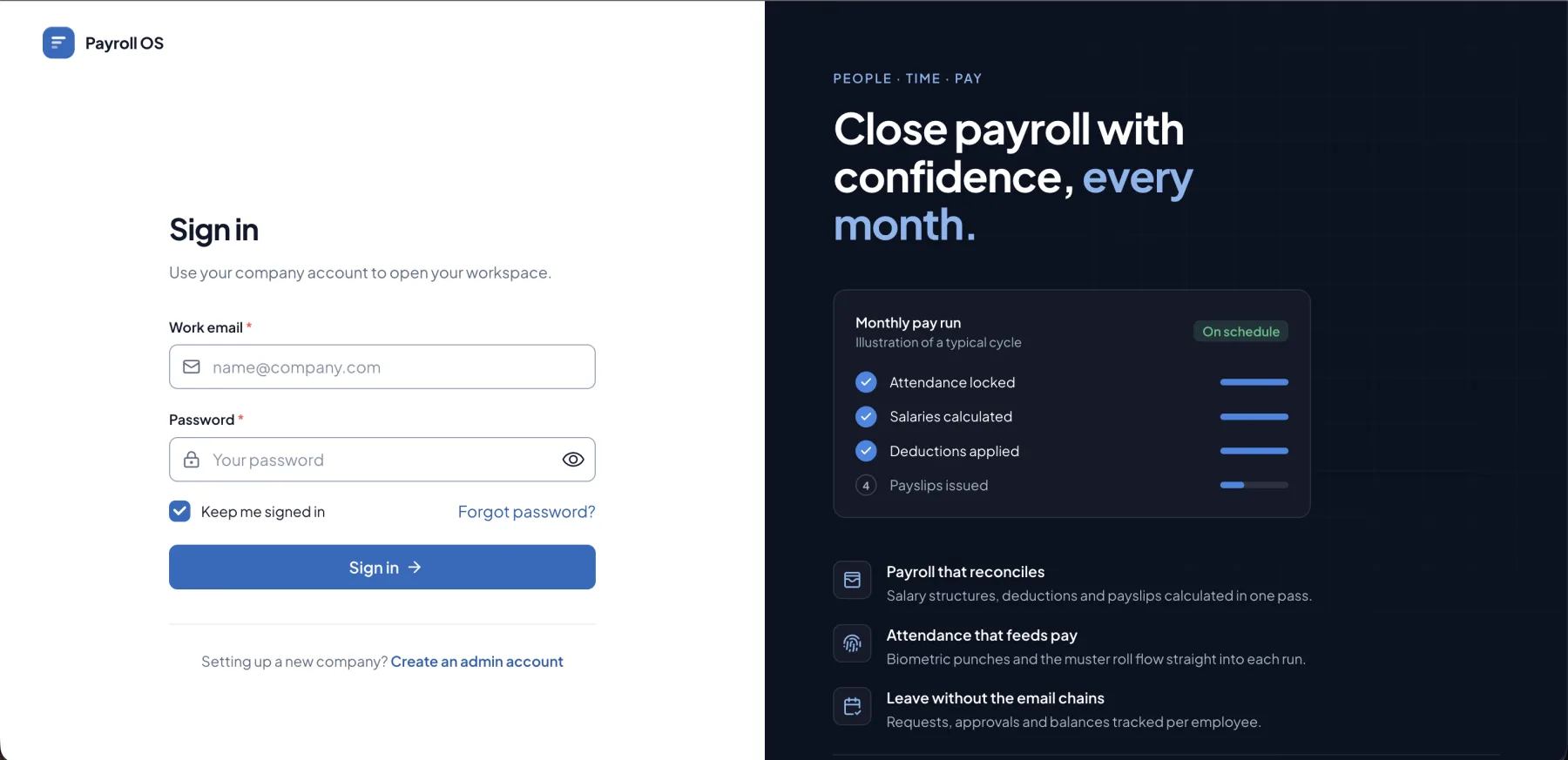 PayroNext sign in: Sign in with a company account, or create an admin account to set up a new company.