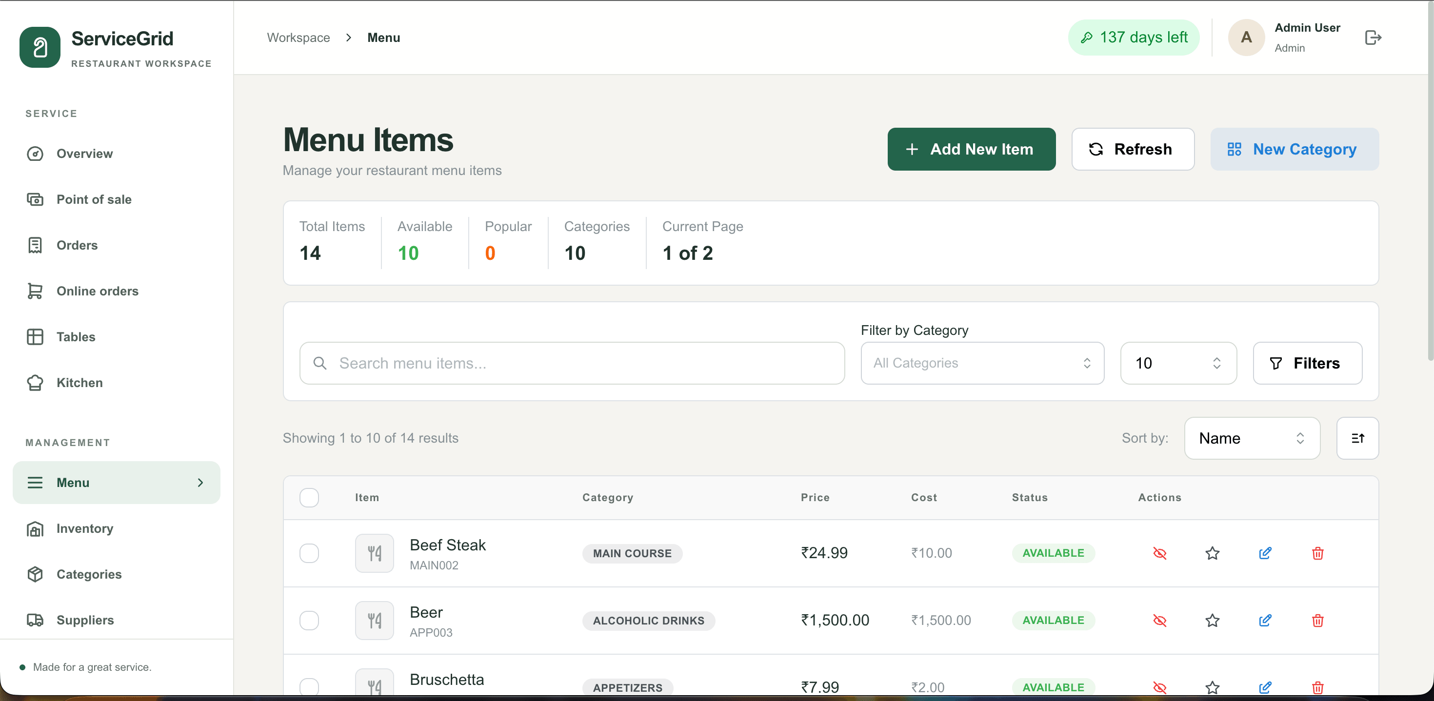 ServiceGrid keep menu and supplies organised