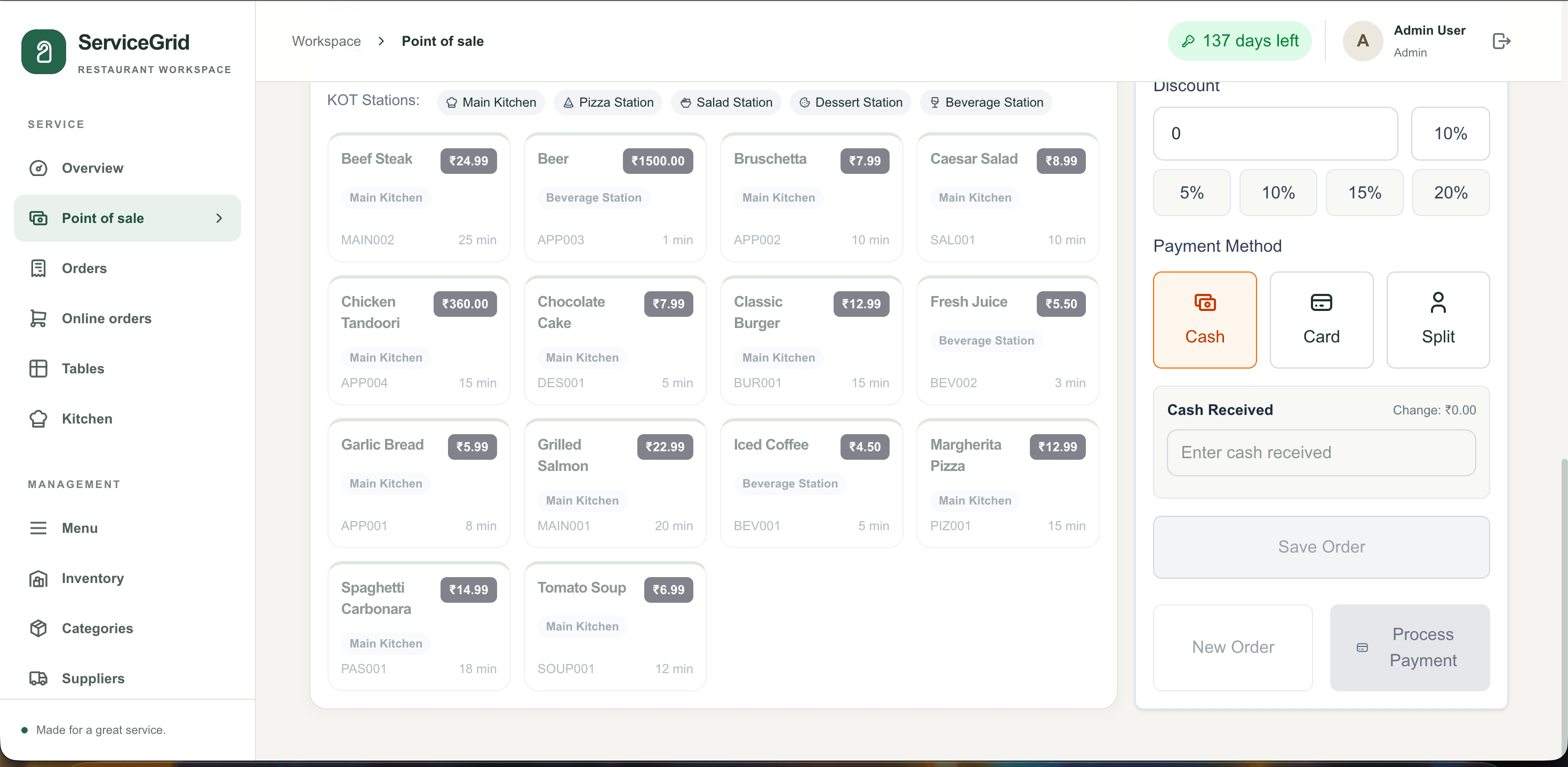 ServiceGrid take an order from table to till