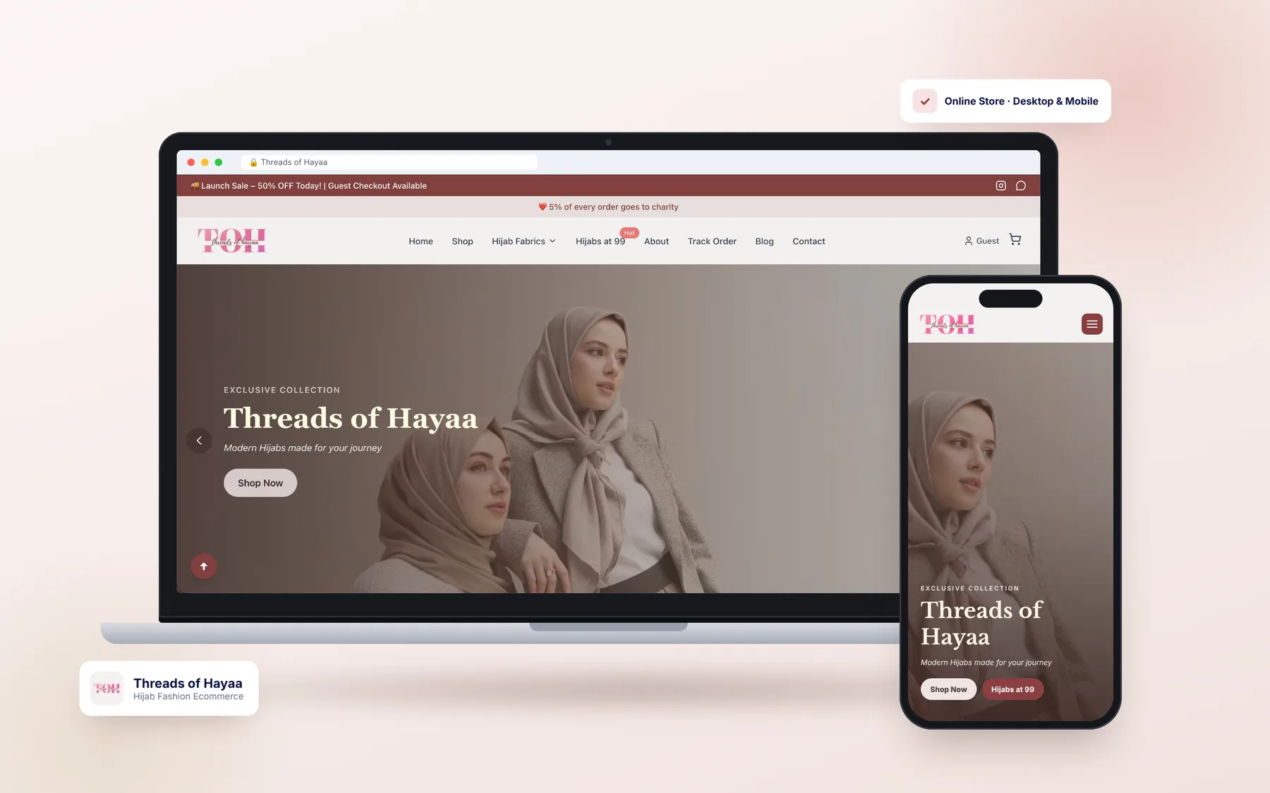 ThreadsOfHayaa — Hijab Fashion Ecommerce on desktop and mobile