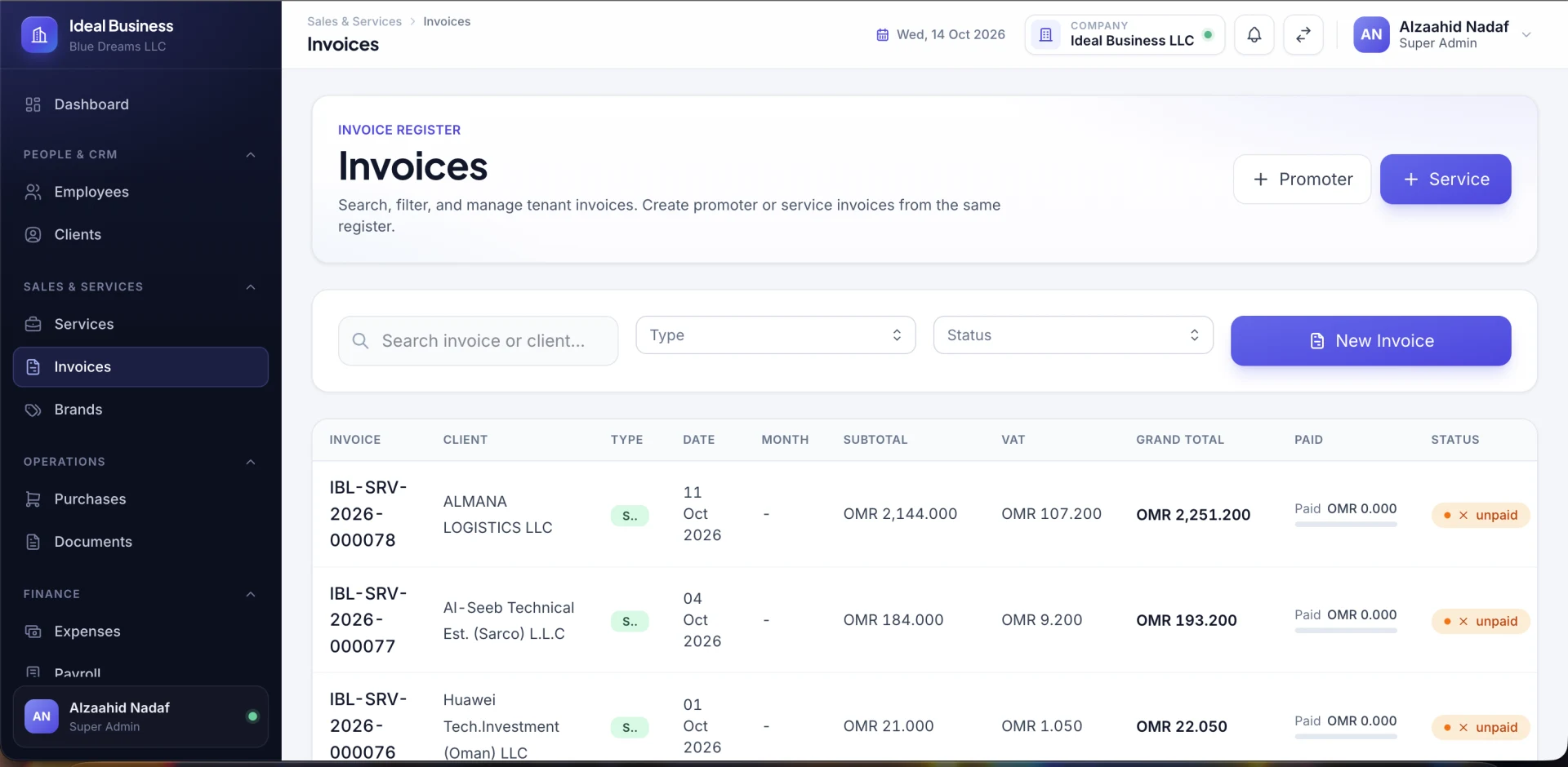 BizCore create and follow invoices