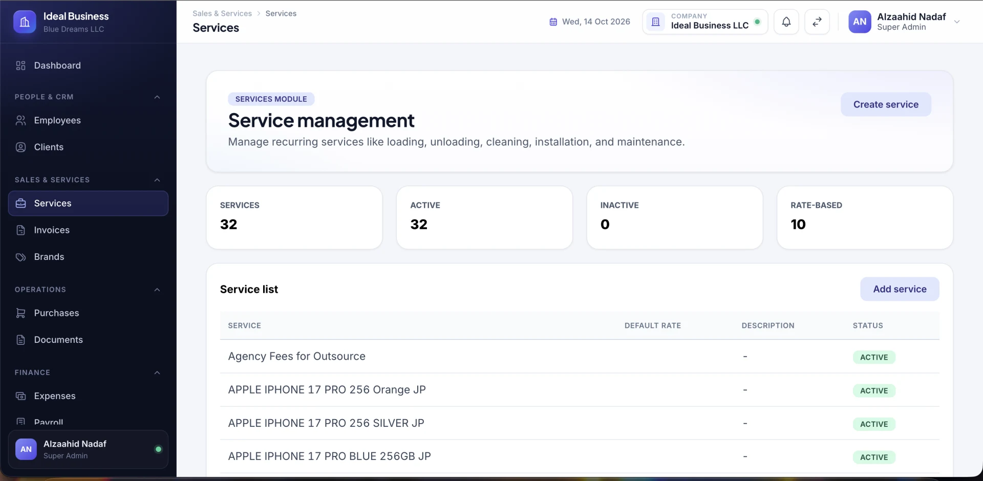 BizCore manage the service catalogue